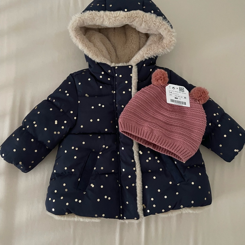 Zara Baby Bundle: Navy Polka Dot Coat 3-6 months with NWT Zara Pink Knit Hat